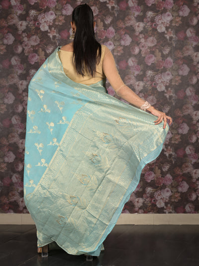 Odette Light Blue Woven Silk Blend Saree With Unstitched Blouse For Women