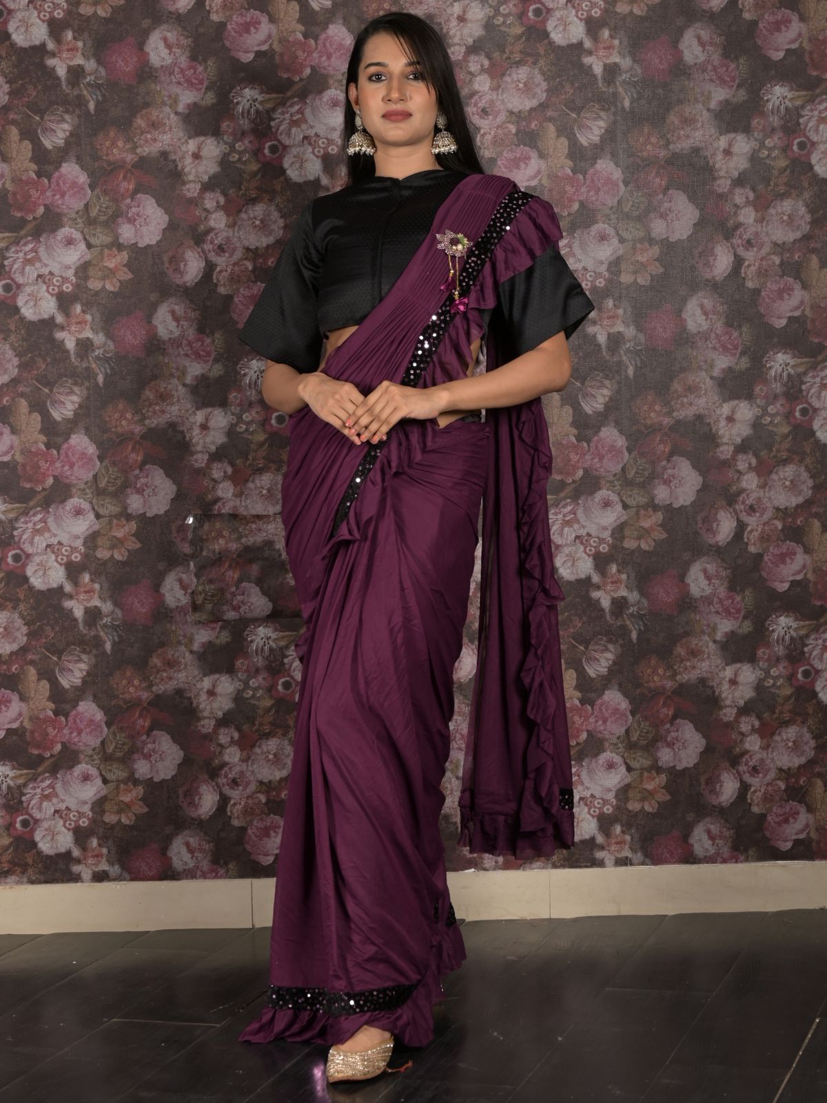 Odette Purple Sequins Embroidered Polyester Ruffles Saree with Unstitched Blouse for Women