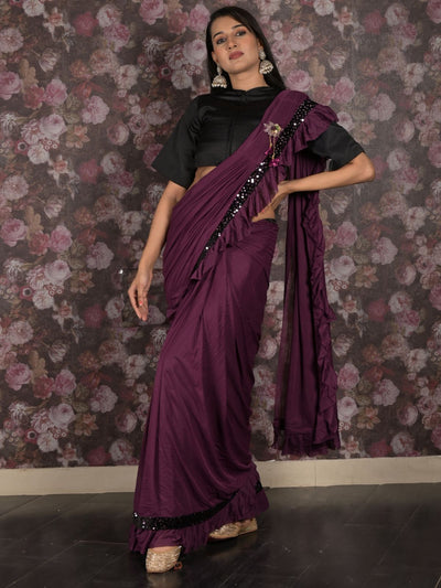 Odette Purple Sequins Embroidered Polyester Ruffles Saree with Unstitched Blouse for Women