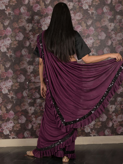 Odette Purple Sequins Embroidered Polyester Ruffles Saree with Unstitched Blouse for Women