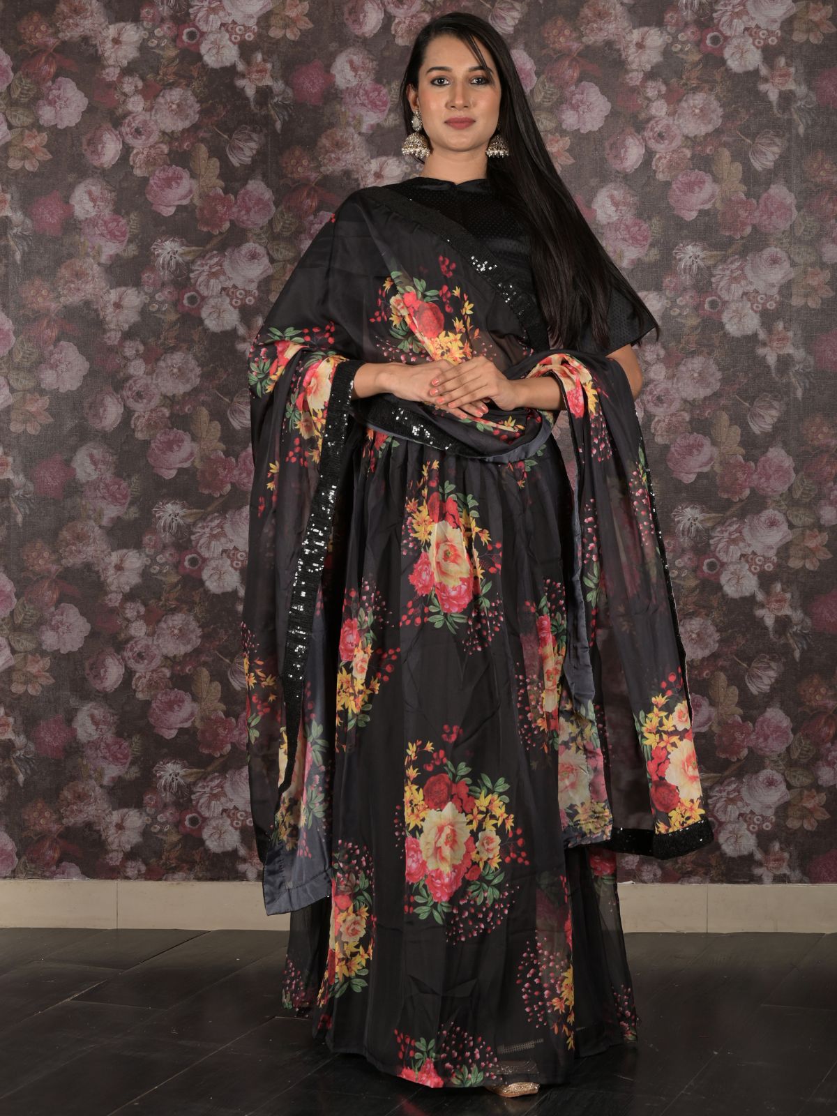 Odette Black Printed Semi Stitched Lehenga with Unstitched Blouse And Dupatta For Women