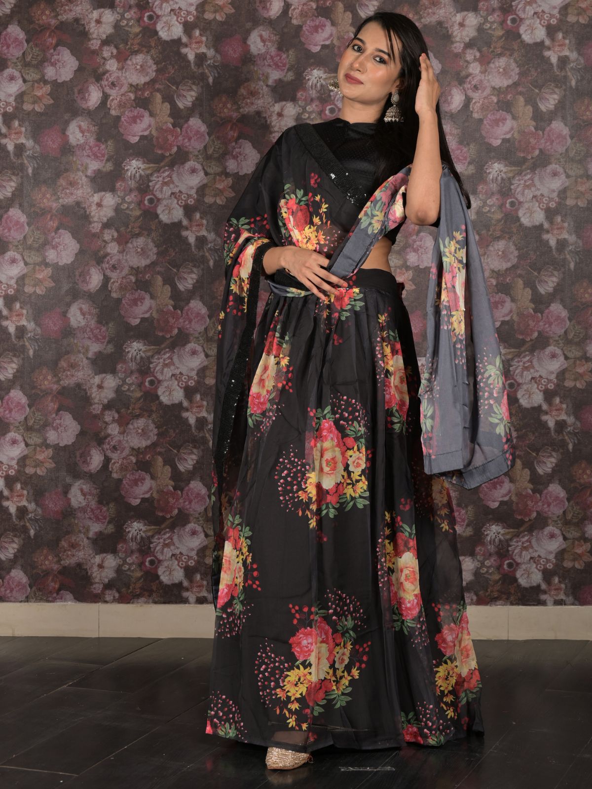 Odette Black Printed Semi Stitched Lehenga with Unstitched Blouse And Dupatta For Women