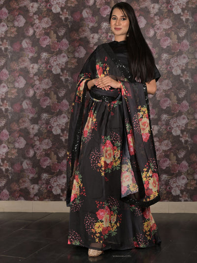 Odette Black Printed Semi Stitched Lehenga with Unstitched Blouse And Dupatta For Women