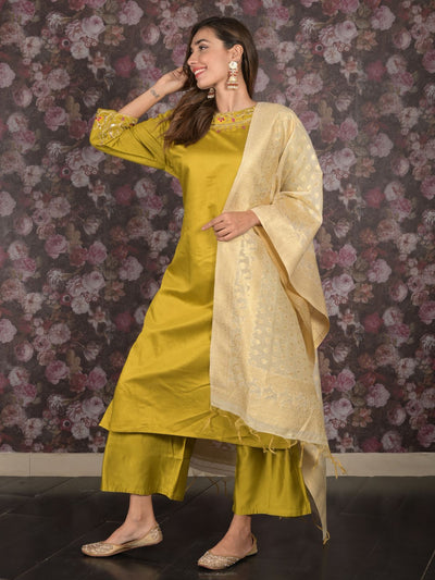 Odette Light Olive Sequins Embroidered Cotton Blend Stitched Kurta Set for Women