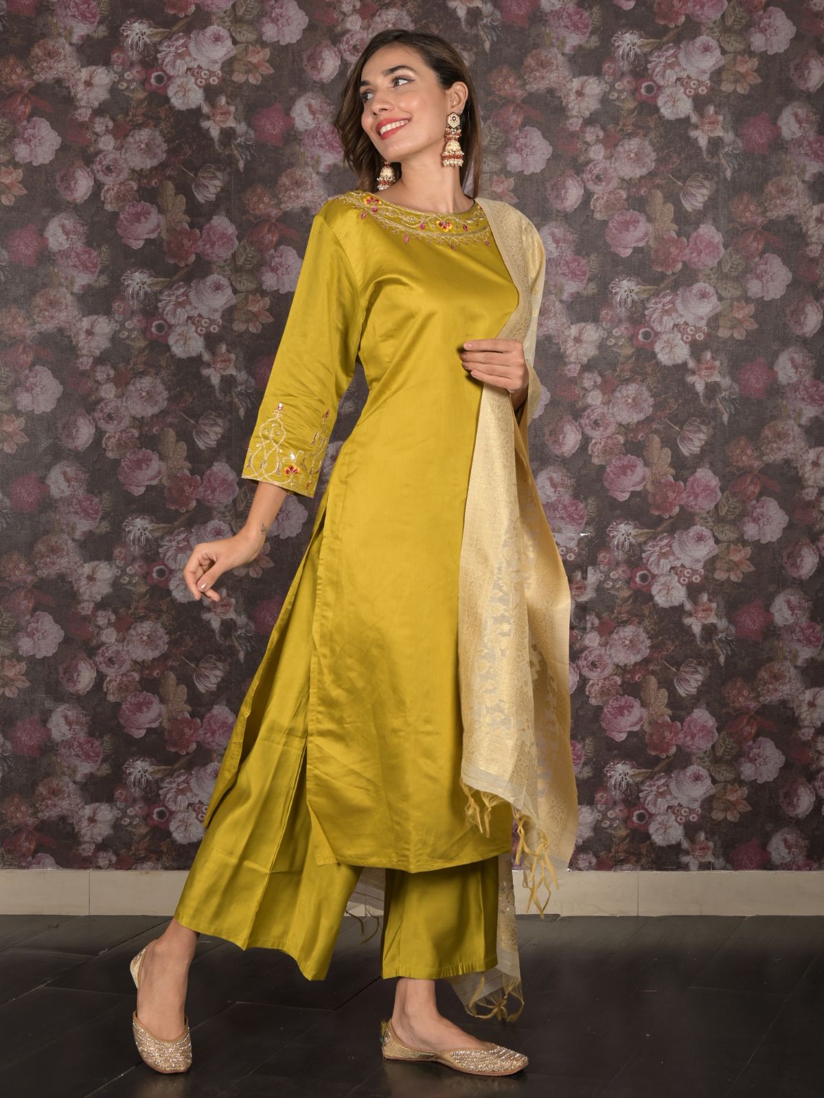 Odette Light Olive Sequins Embroidered Cotton Blend Stitched Kurta Set for Women