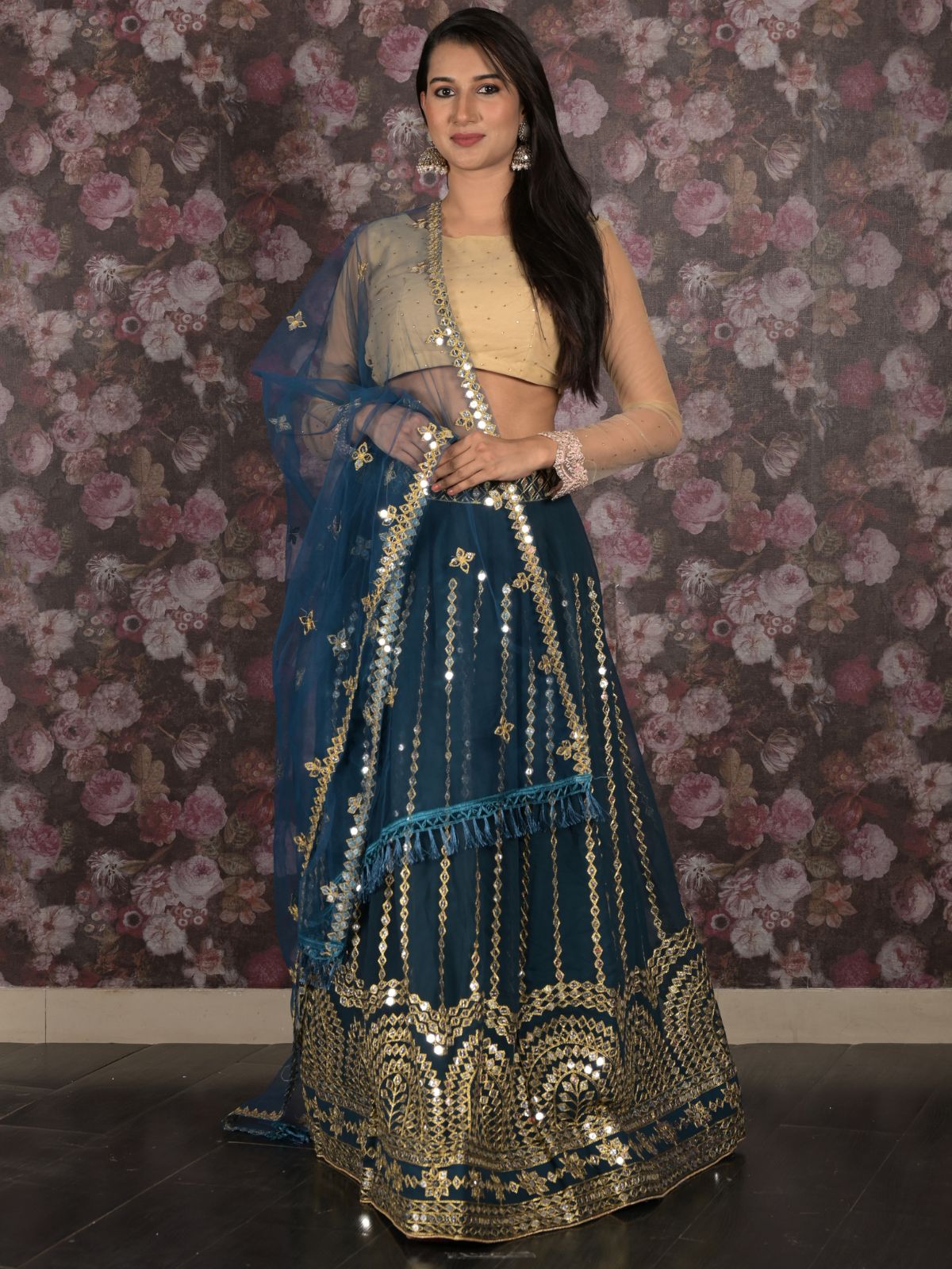 Odette Teal Faux Mirror Embroidered Georgette Semi-Stitched Lehenga with Unstitched Blouse for Women