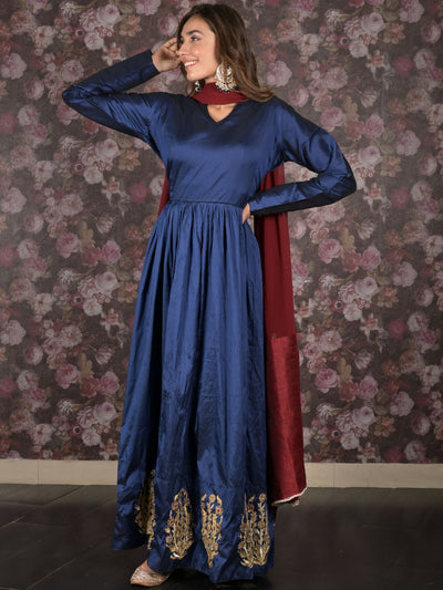 Odette Dark Blue Embroidered Stitched Flared Long Anarkali Gown With Dupatta For Women