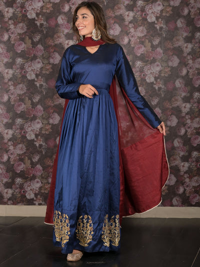 Odette Dark Blue Embroidered Stitched Flared Long Anarkali Gown With Dupatta For Women