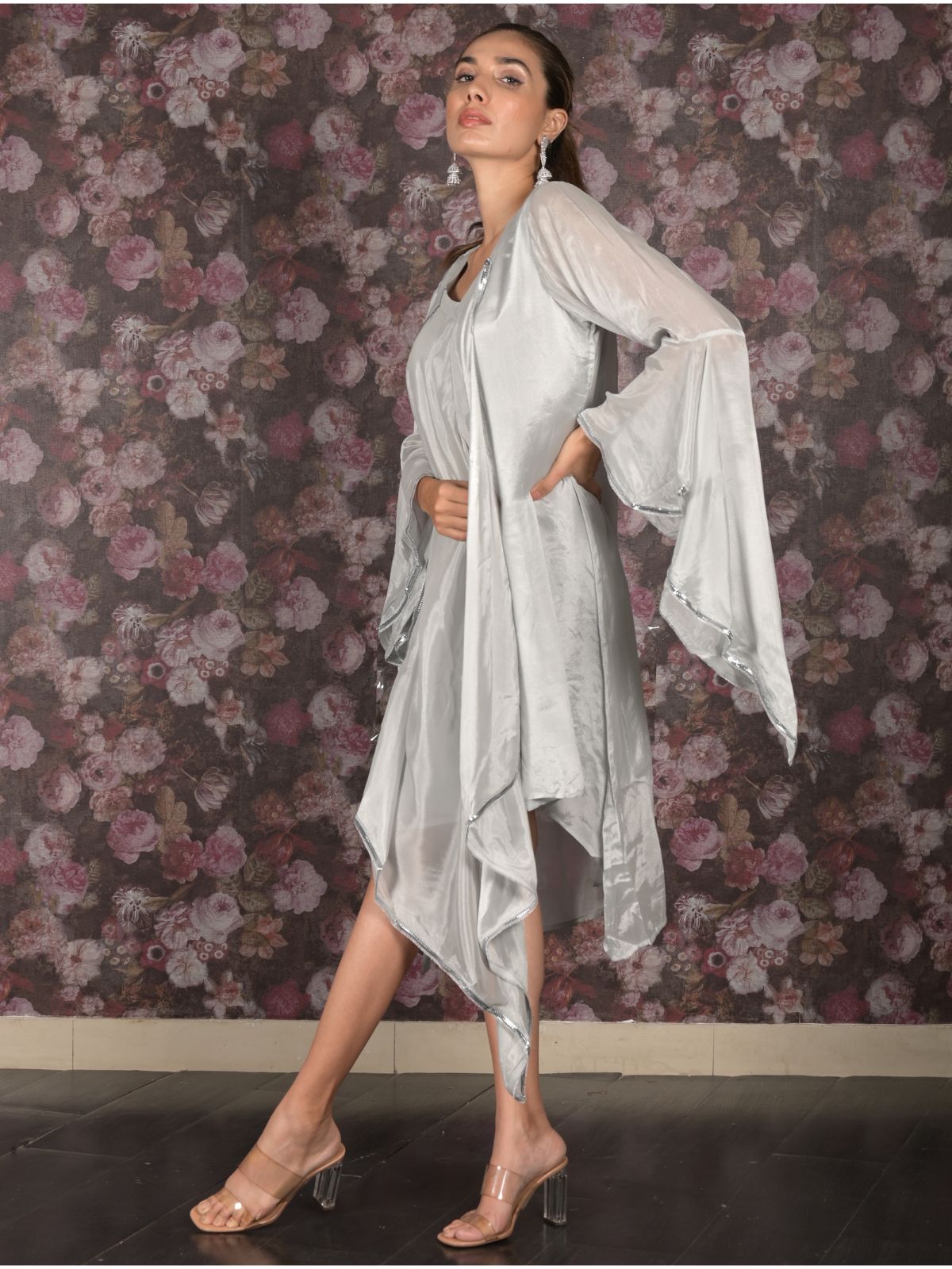 Odette Silver A-Line Patterned Indo Western Dress For Women