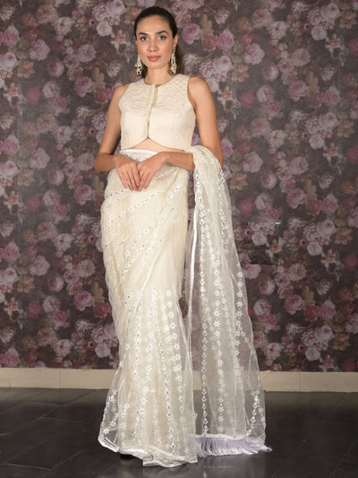 Odette White Sequins Embroidered Net Saree with Unstitched Blouse for Women