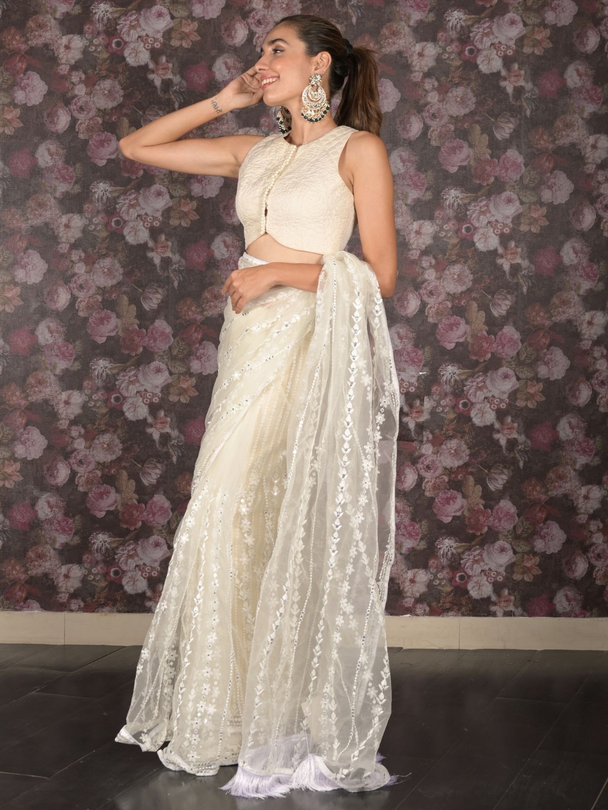 Odette White Sequins Embroidered Net Saree with Unstitched Blouse for Women