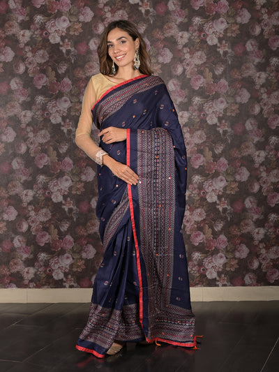 Odette Navy Blue Printed Cotton Blend Saree with Unstitched Blouse for Women