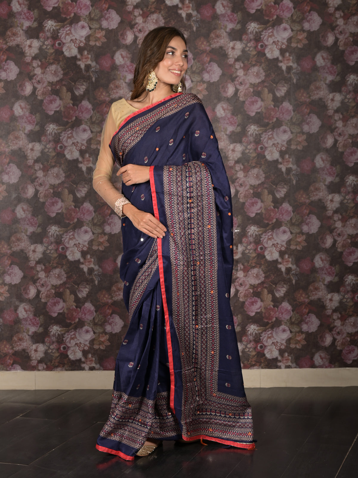 Odette Navy Blue Printed Cotton Blend Saree with Unstitched Blouse for Women