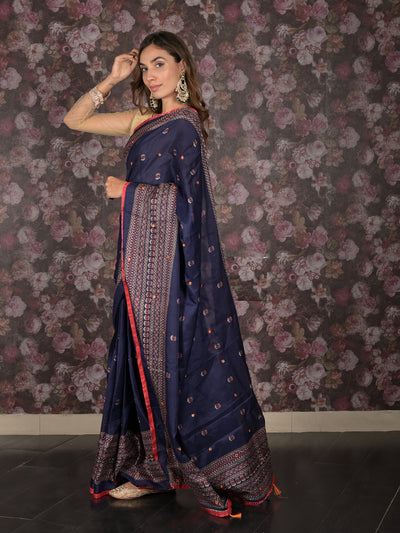 Odette Navy Blue Printed Cotton Blend Saree with Unstitched Blouse for Women