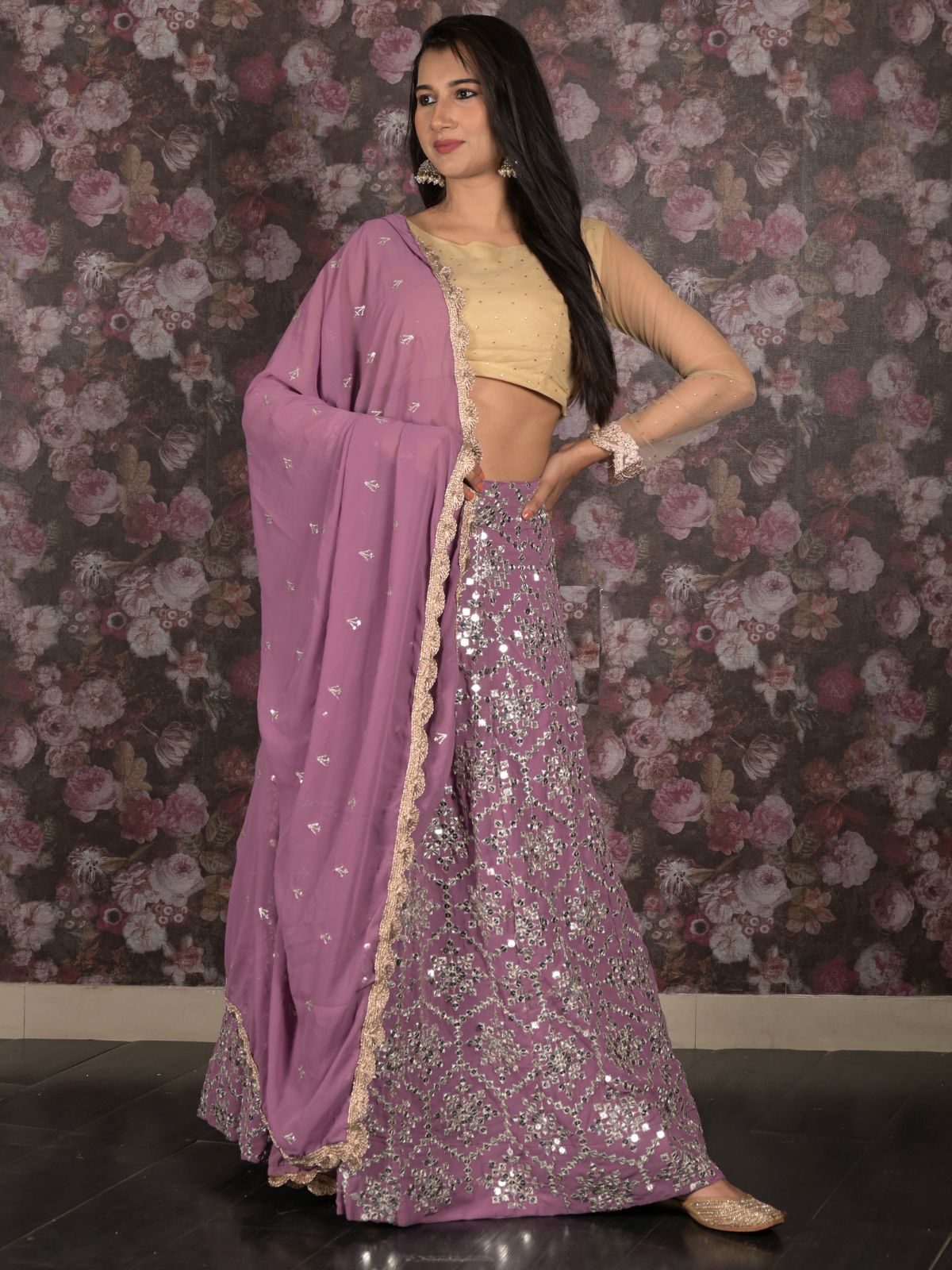 Odette Lilac Sequins Embroidered Semi Stitched Lehenga Set With Dupatta And Unstitched Blouse For Women