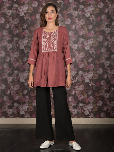 Odette Brown Flared Embroidered Stitched Kurta For Women