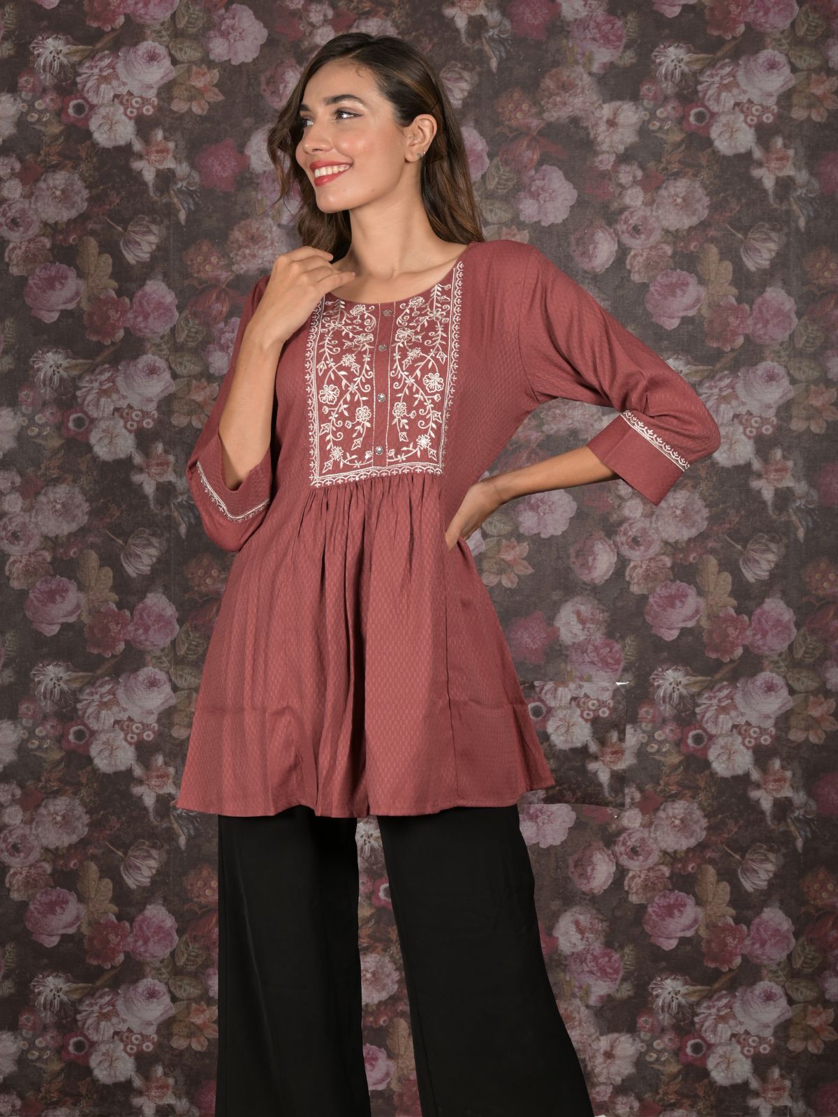 Odette Brown Flared Embroidered Stitched Kurta For Women