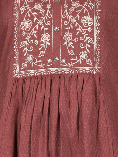 Odette Brown Flared Embroidered Stitched Kurta For Women