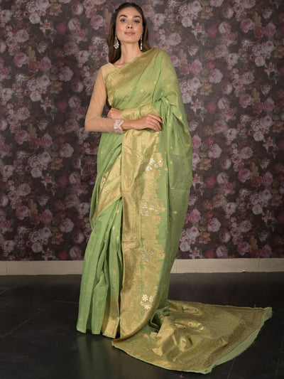 Odette Light Green Cotton Blend Woven Saree with Unstitched Blouse for Women