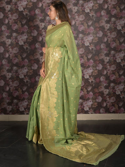 Odette Light Green Cotton Blend Woven Saree with Unstitched Blouse for Women