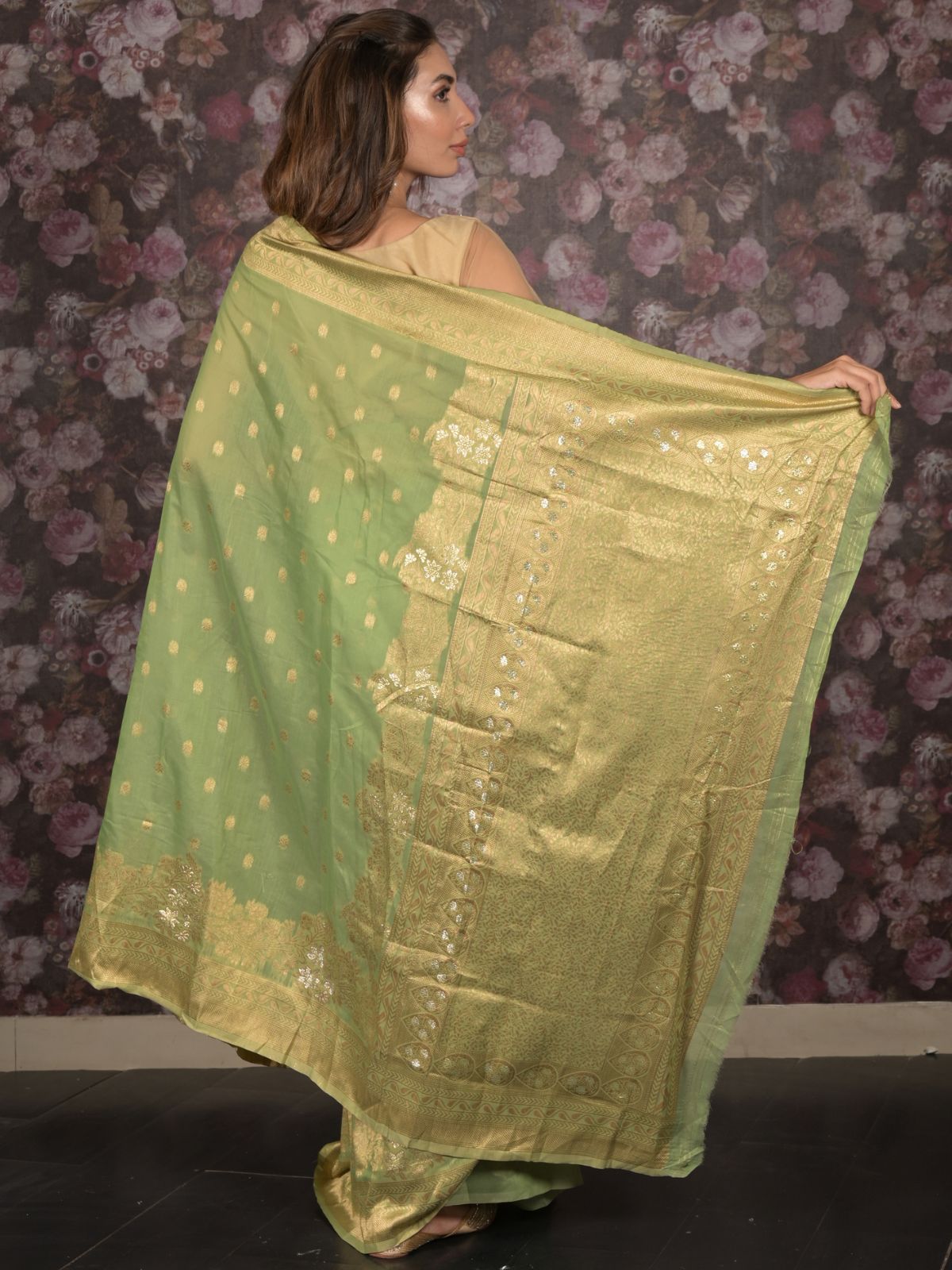 Odette Light Green Cotton Blend Woven Saree with Unstitched Blouse for Women