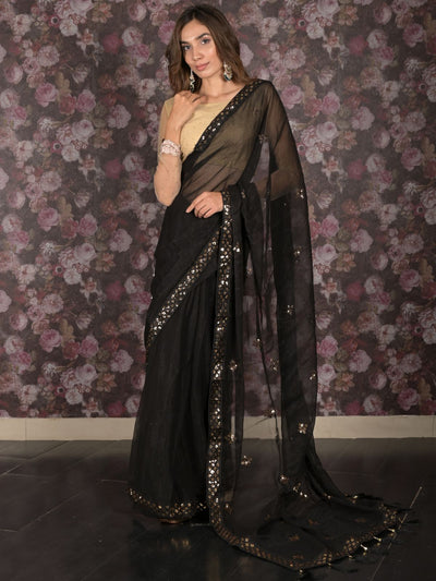 Odette Black Sequins Embroidered Poly Georgette Saree with Unstitched Blouse for Women