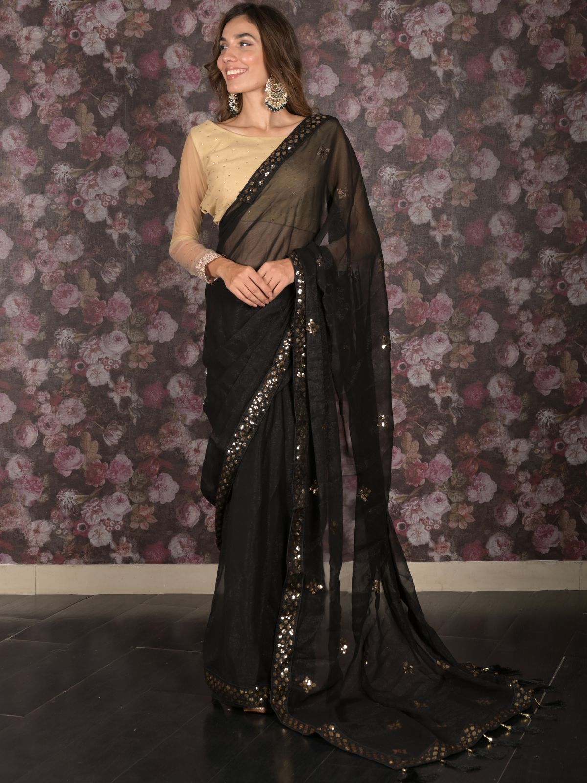 Odette Black Sequins Embroidered Poly Georgette Saree with Unstitched Blouse for Women