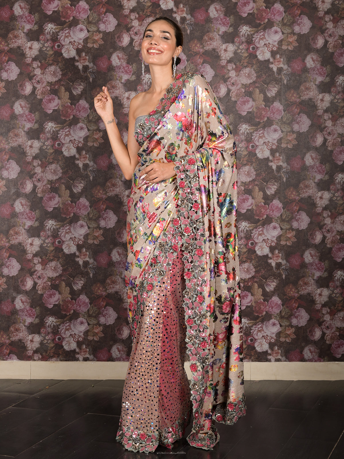 Odette Beige Net And Shimmer Half-Half Printed Saree With Unstitched Blouse For Women