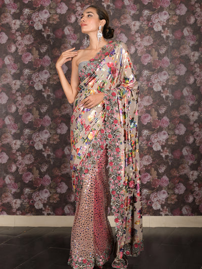 Odette Beige Net And Shimmer Half-Half Printed Saree With Unstitched Blouse For Women