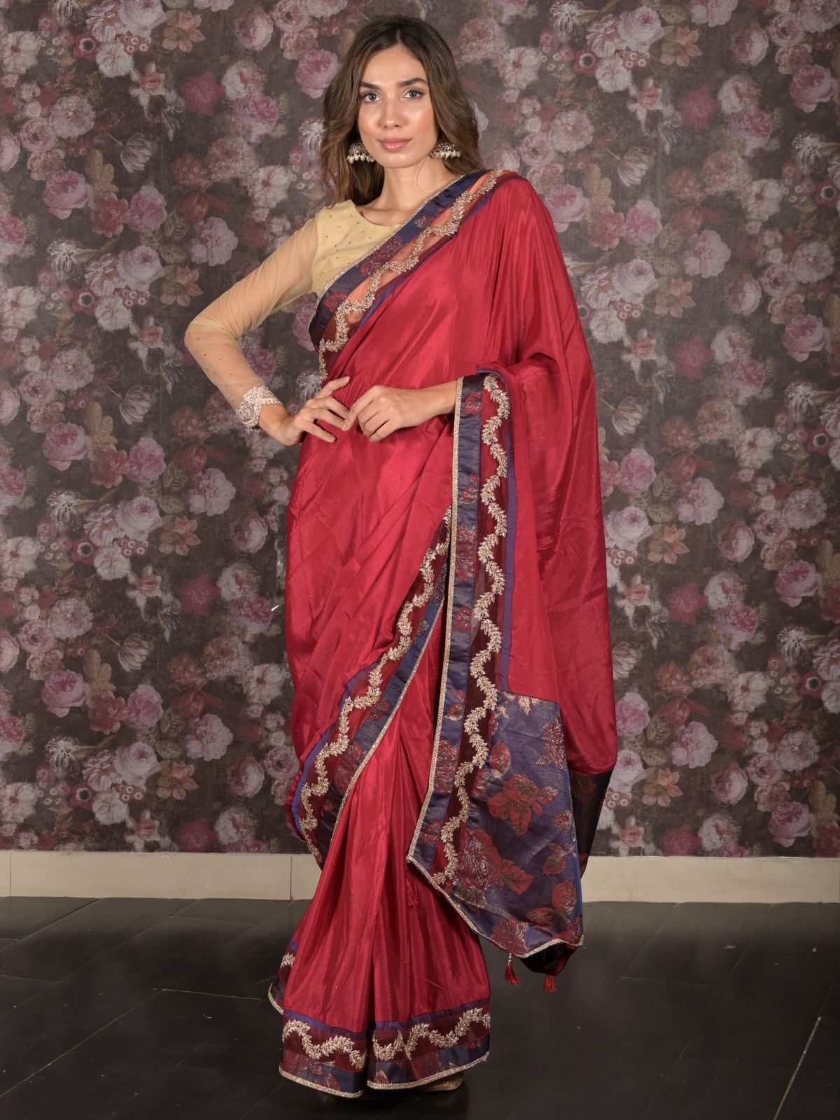 Odette Maroon Embroidered Crepe Saree with Unstitched Blouse for Women