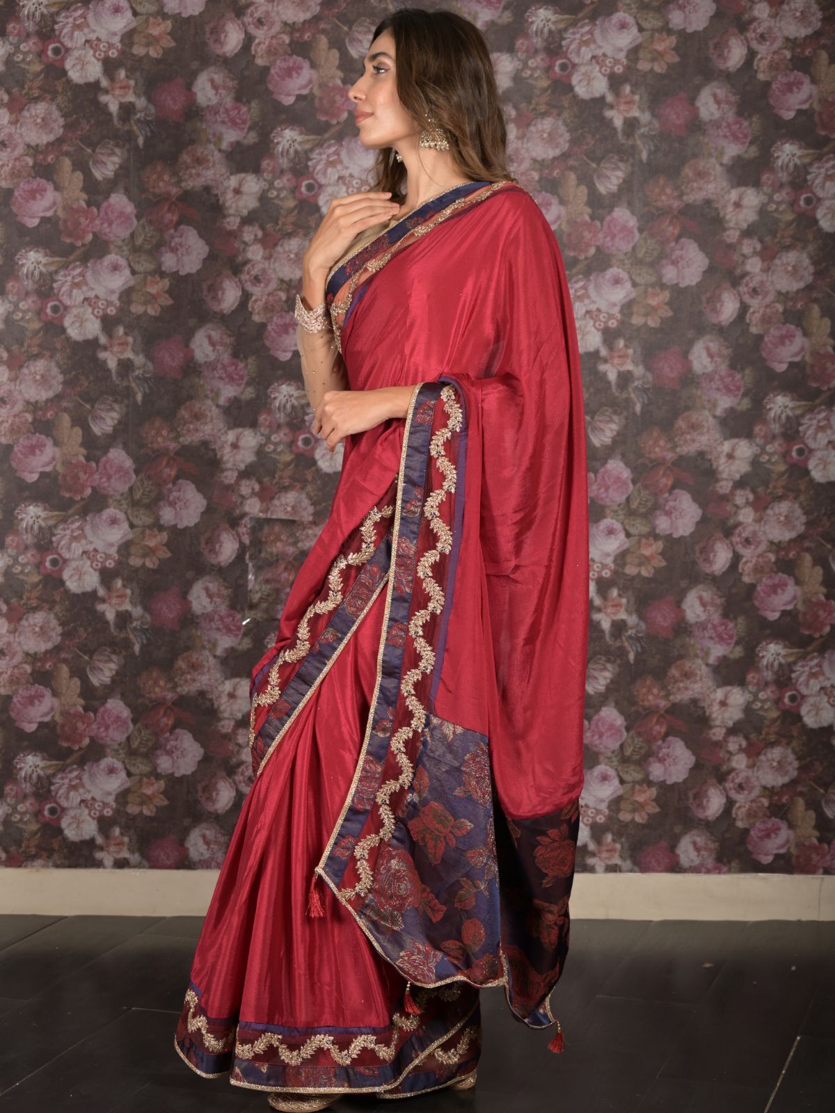 Odette Maroon Embroidered Crepe Saree with Unstitched Blouse for Women