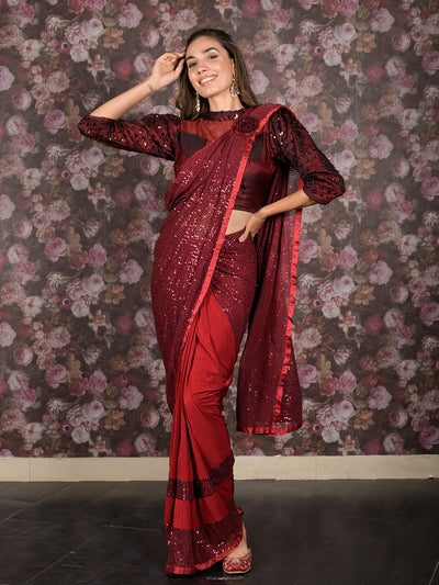 Odette Maroon Lycra Sequins Ready-to-Wear Saree with Stitched Blouse for Women