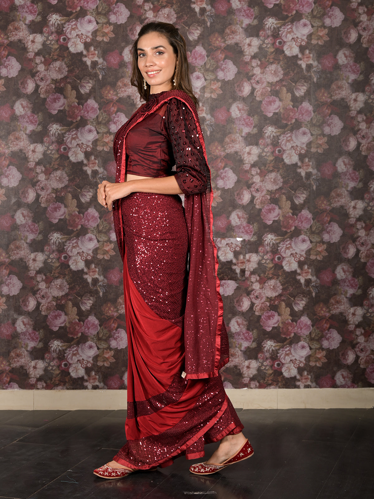 Odette Maroon Lycra Sequins Ready-to-Wear Saree with Stitched Blouse for Women