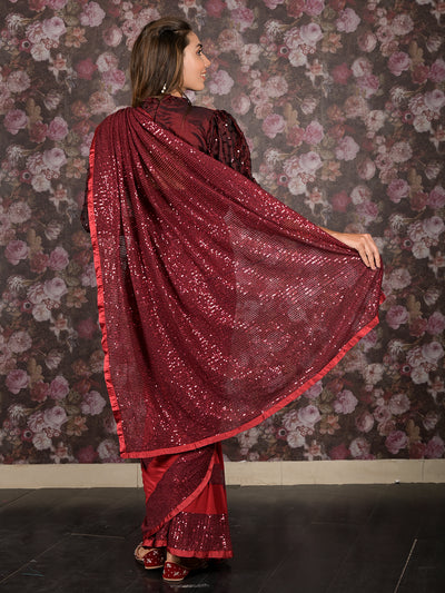 Odette Maroon Lycra Sequins Ready-to-Wear Saree with Stitched Blouse for Women