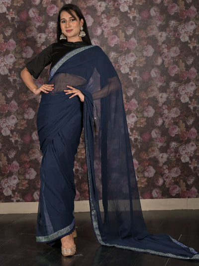 Odette Navy Blue Shimmer Lace Embellished Poly Georgette Saree with Unstitched Blouse for Women