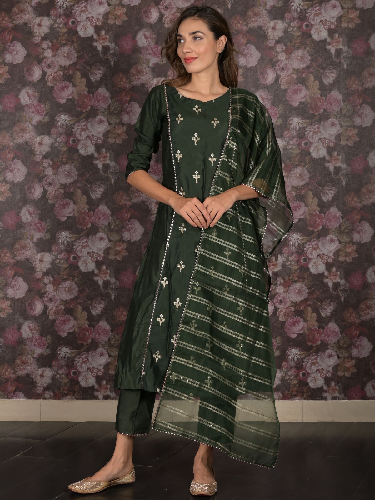 Odette Dark Green Embroidered Stitched Cotton Blend Kurta Set for Women