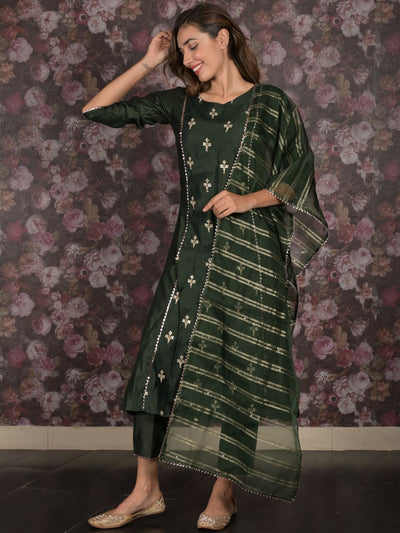 Odette Dark Green Embroidered Stitched Cotton Blend Kurta Set for Women