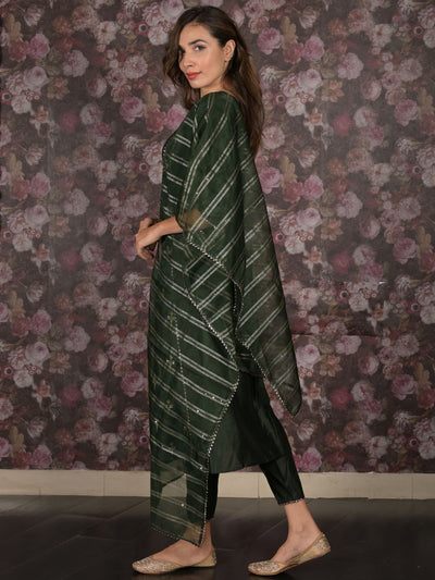 Odette Dark Green Embroidered Stitched Cotton Blend Kurta Set for Women