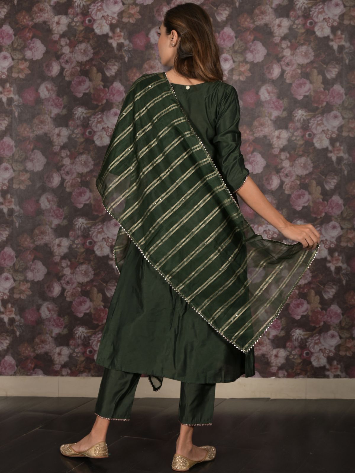 Odette Dark Green Embroidered Stitched Cotton Blend Kurta Set for Women