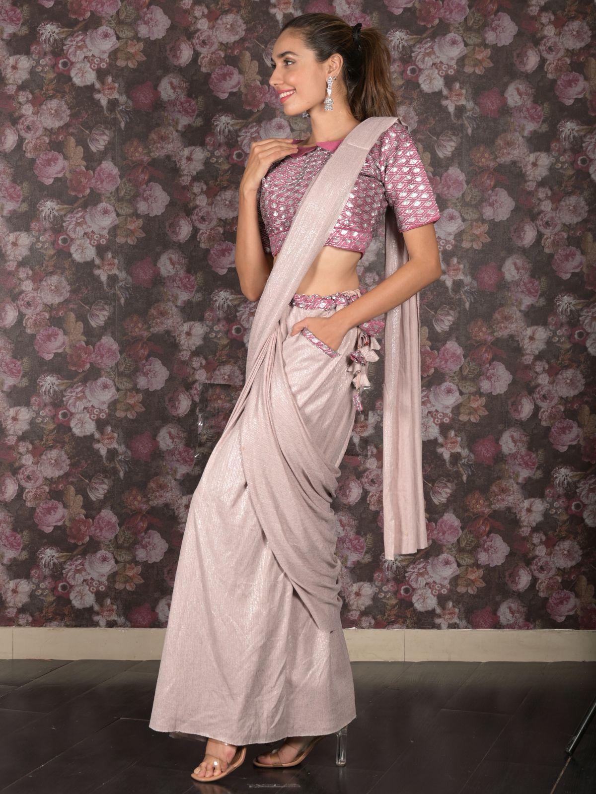 Odette Light Pink Embroidered Lycra Ready-To-Wear Saree With Stitched Blouse For Women