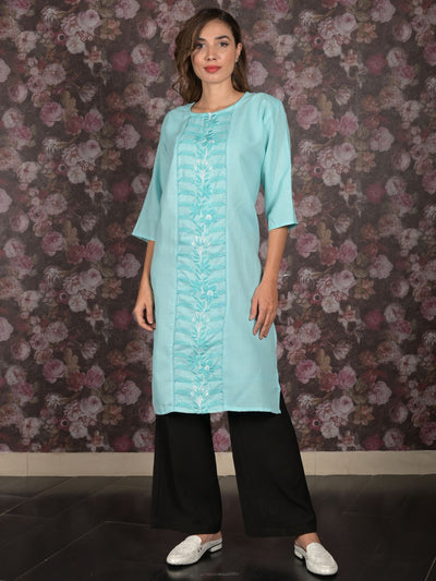 Odette Blue Straight Embroidered Stitched Kurta For Women