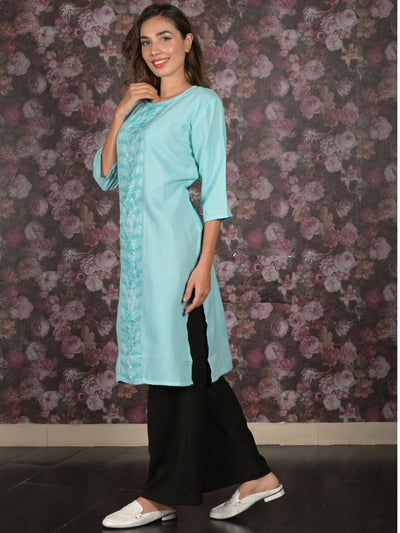 Odette Blue Straight Embroidered Stitched Kurta For Women