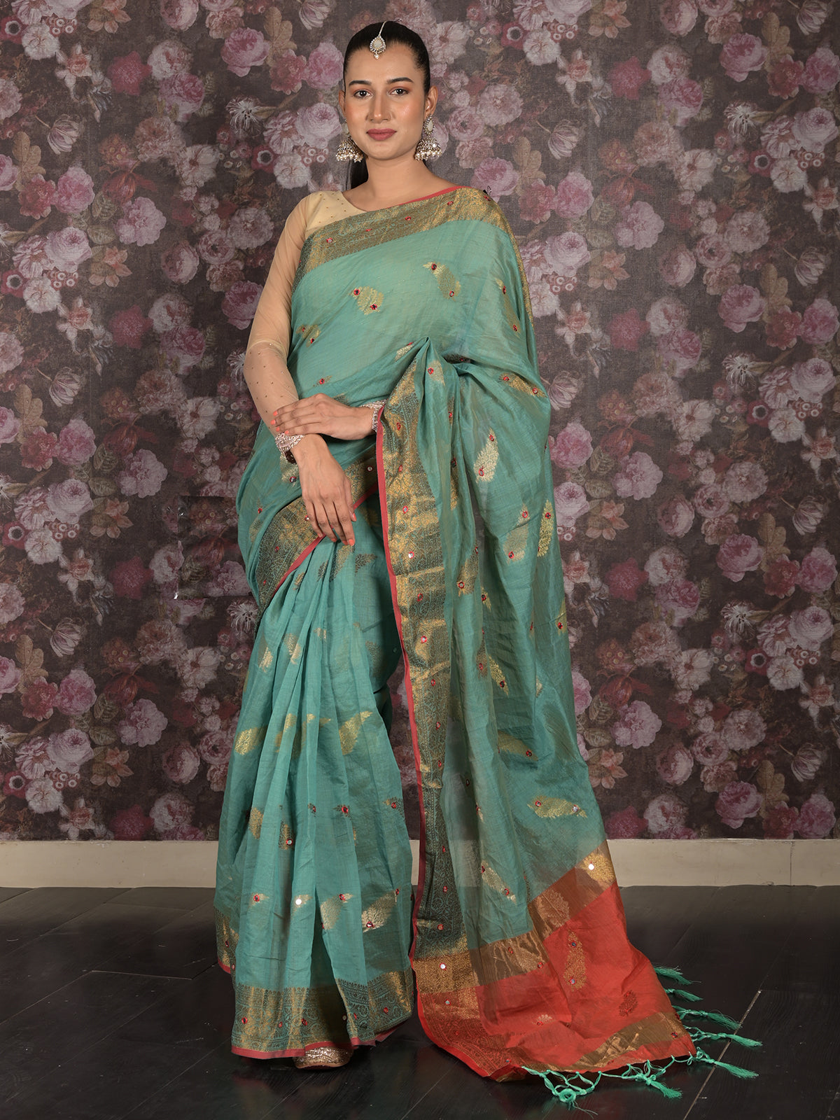 Odette Teal Woven Cotton Silk Blend Saree With Unstitched Blouse For Women