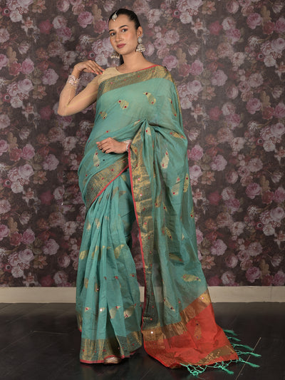 Odette Teal Woven Cotton Silk Blend Saree With Unstitched Blouse For Women