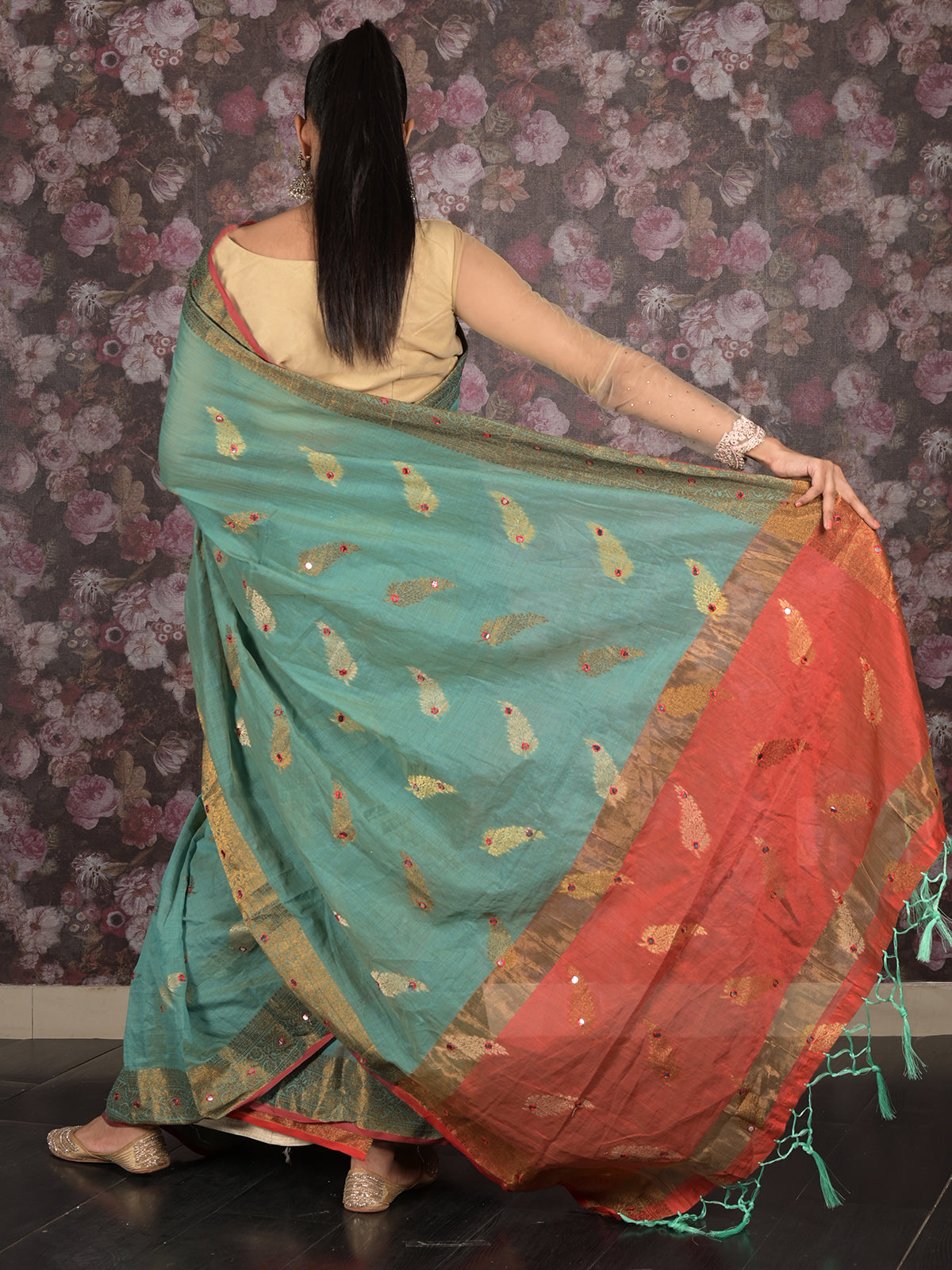 Odette Teal Woven Cotton Silk Blend Saree With Unstitched Blouse For Women