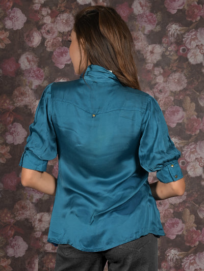 Odette Teal Satin Neck Tie Pattern Shirt For Women