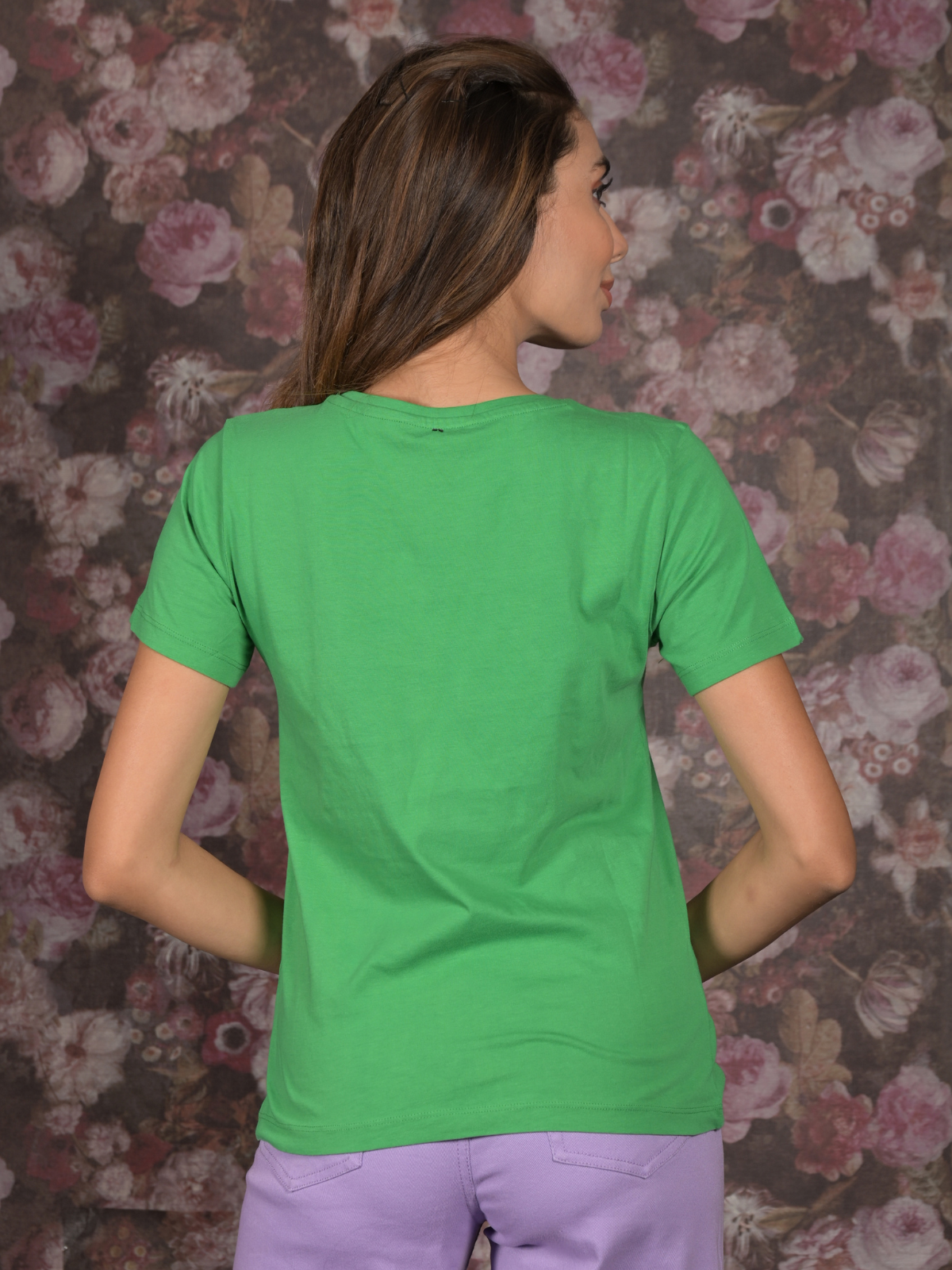 Odette Green Cotton Blend Printed Casual T-Shirt for Women