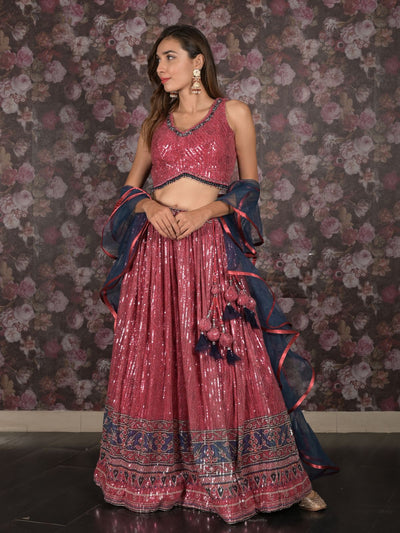 Odette Magenta Sequins Embroidered Stitched Net Lehenga With Stitched Blouse For Women