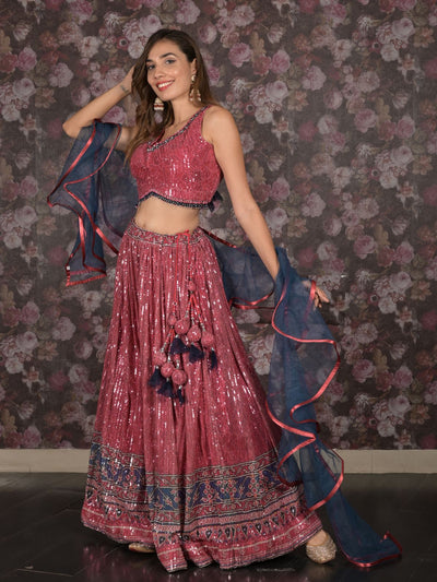 Odette Magenta Sequins Embroidered Stitched Net Lehenga With Stitched Blouse For Women