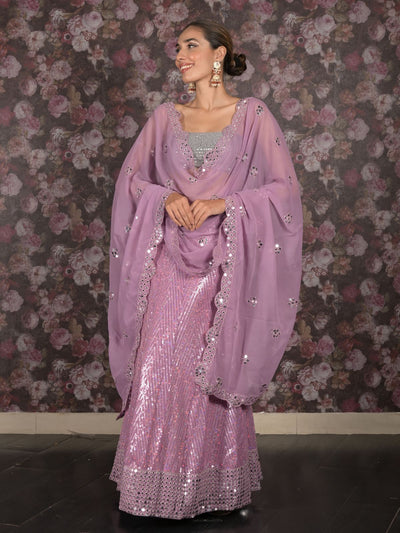 Odette Lilac Sequins and Faux Mirror Embroidered Semi-Stitched Georgette Lehenga with Unstitched Blouse for Women